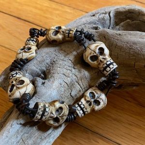 Vintage Skeleton Carved Skull Bead Bracelet, Natural Wooden Accents